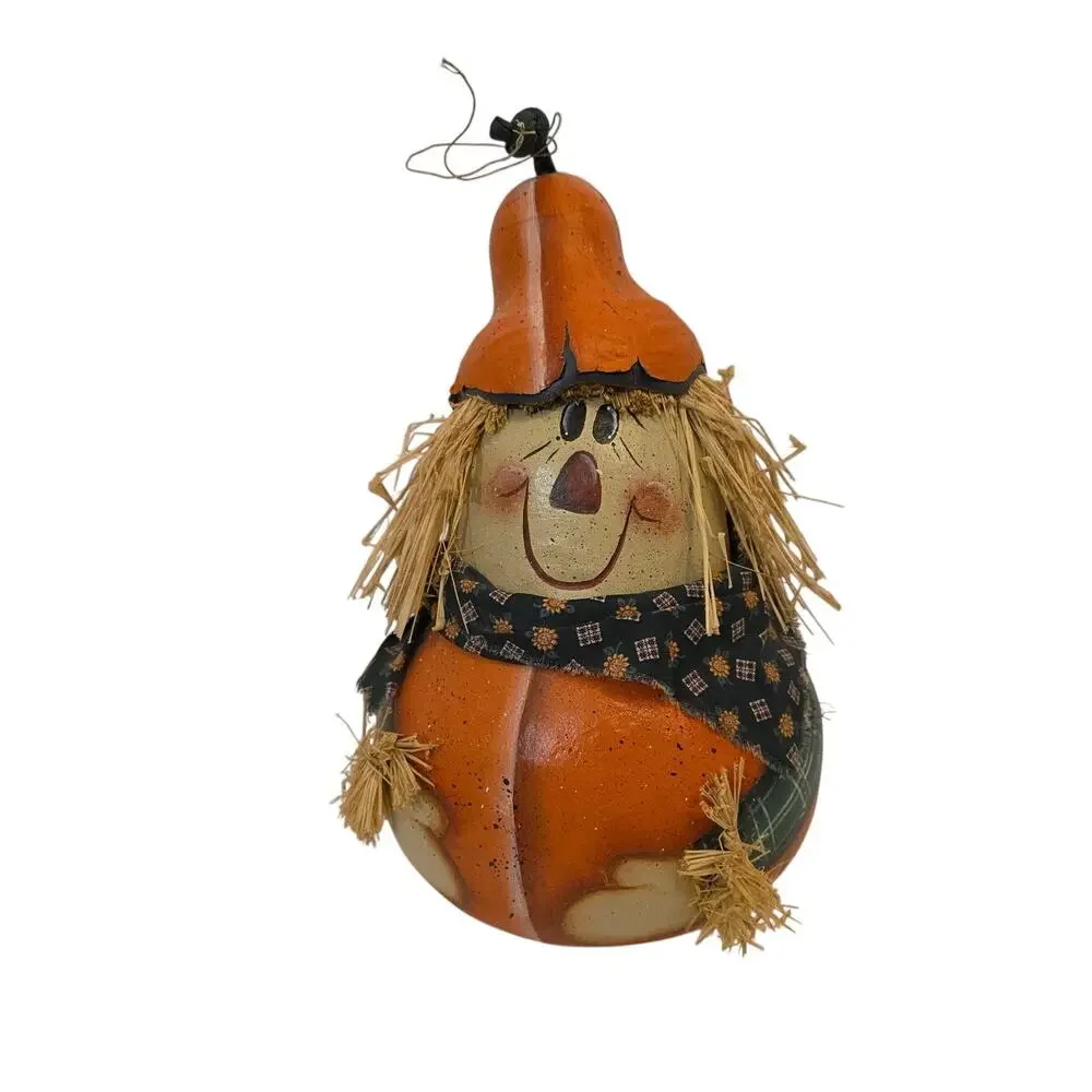 Handmade Fall Painted Stacked Gourd Scarecrow Folksy Whimsical Anthropomorphic